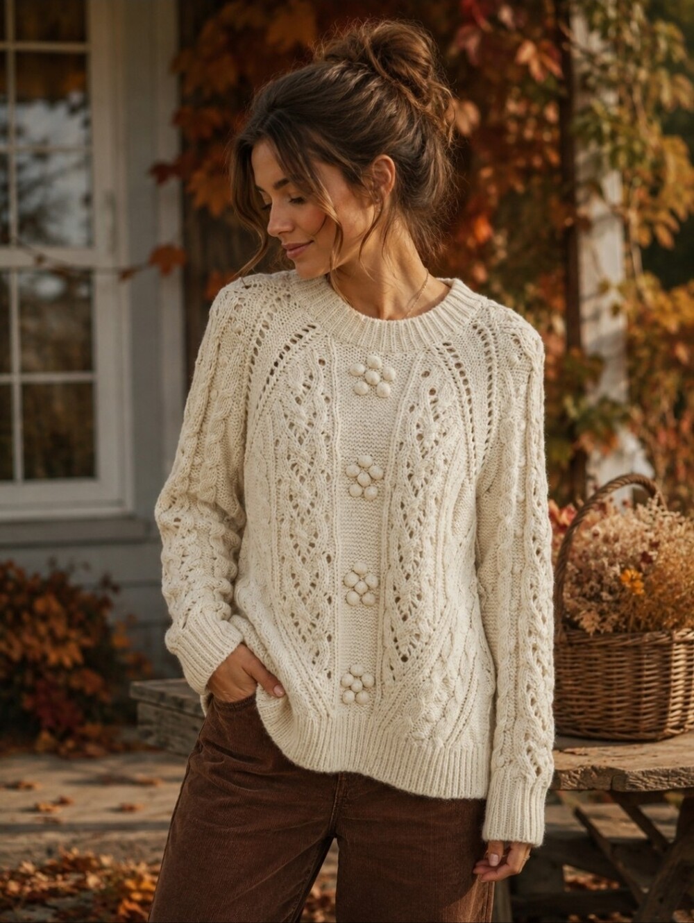 J. Crew Cream Bobble Cable Knit Cottage Academia Cozy Sweater Small